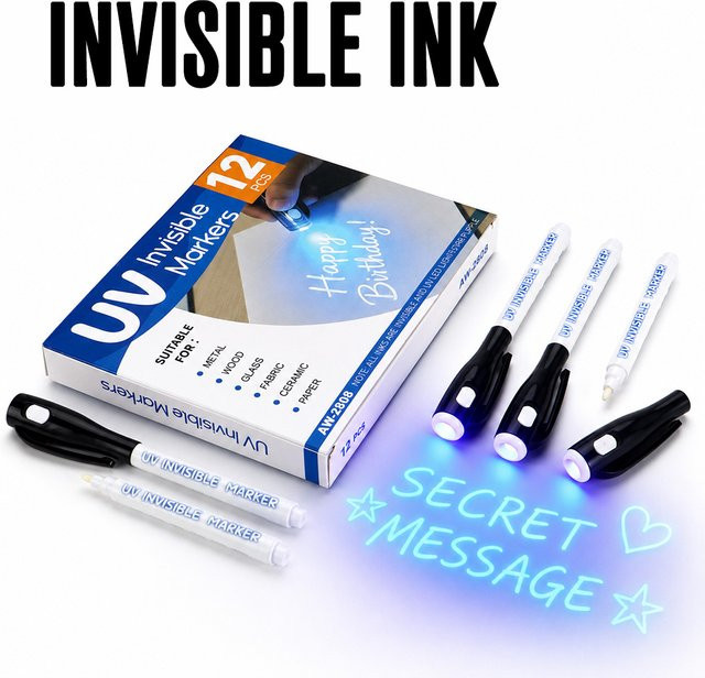 12 Stück UV-Licht unsichtbare Marker mit verschwindender Tinte, weiße Schreibstifte für Kunst, DIY und Bürobedarf - Bild 1
