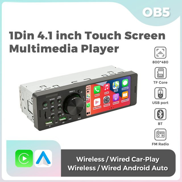 NaviFly 1Din Autoradio mit 4,1 Zoll Display, Wireless und Wired Carplay, Android Auto, Bluetooth, USB und FM Stereo in Schwarz - Bild 1