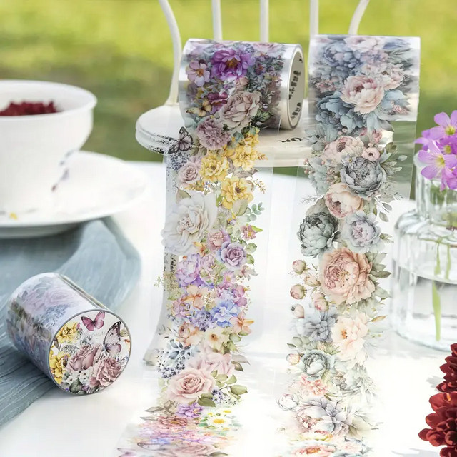 Wasserfestes Vintage-Washi-Tape aus PET mit Blumenmuster in Grün und Multicolour für Scrapbooking und Dekoration - Bild 1