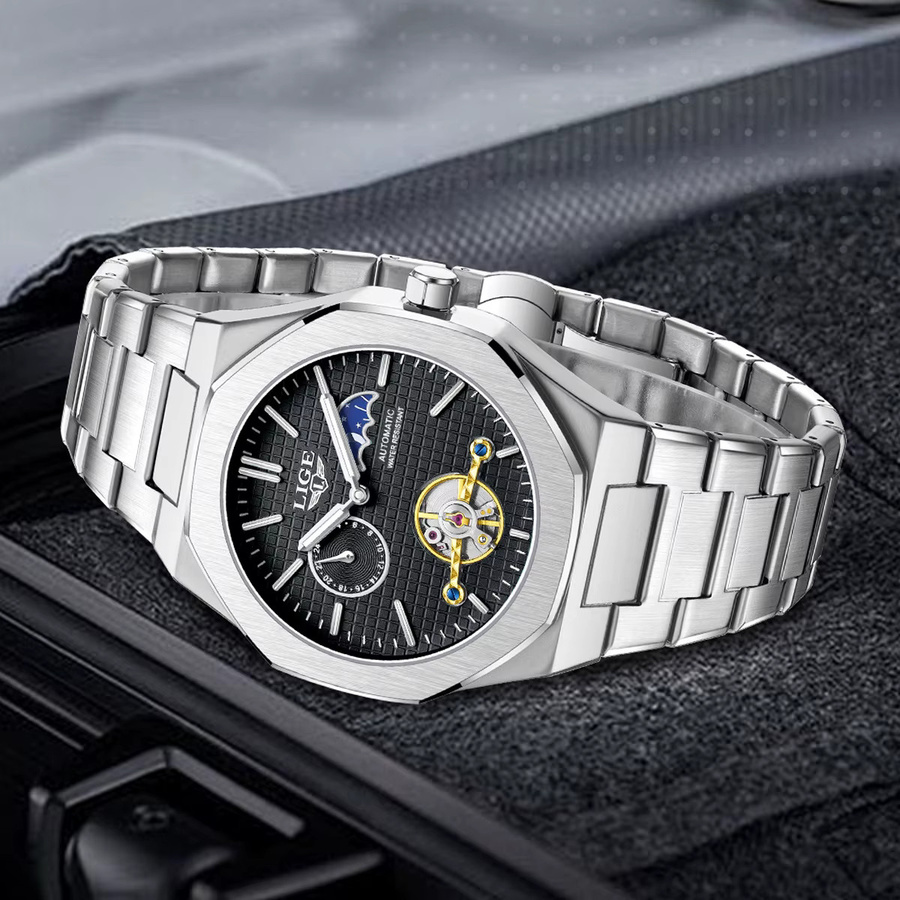 LIGE Armbanduhr, mechanisch, Edelstahl, Mondphase, Tourbillon, Herren - Bild 2
