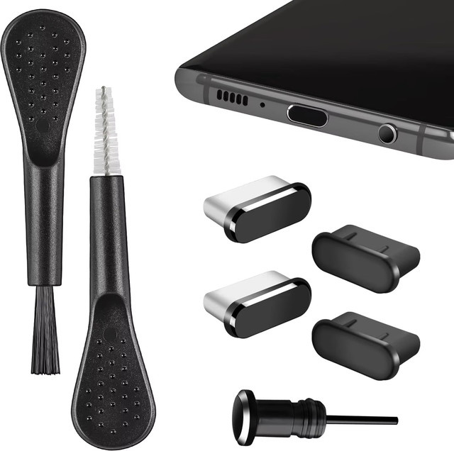 4er-Set USB-C Staubstecker-Abdeckungen in Schwarz mit Reinigungssatz für iPhone 15 und 16 Serie - Bild 1