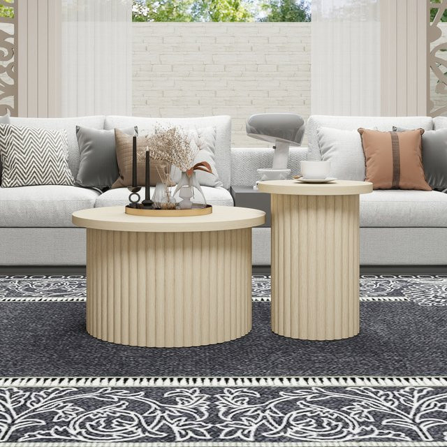 Ye 2-teiliges rundes Couchtisch-Set in Braun und Beige mit Wellenstruktur und Holz-Look für dein Wohnzimmer, Schlafzimmer oder Home-Office - Bild 1