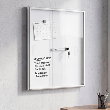 Abschließbarer Schaukasten MCW-Q50 als Magnettafel, Whiteboard und Pinnwand aus Aluminium in Silber und Weiß, B/T/H: 66 x 47 x 9 cm