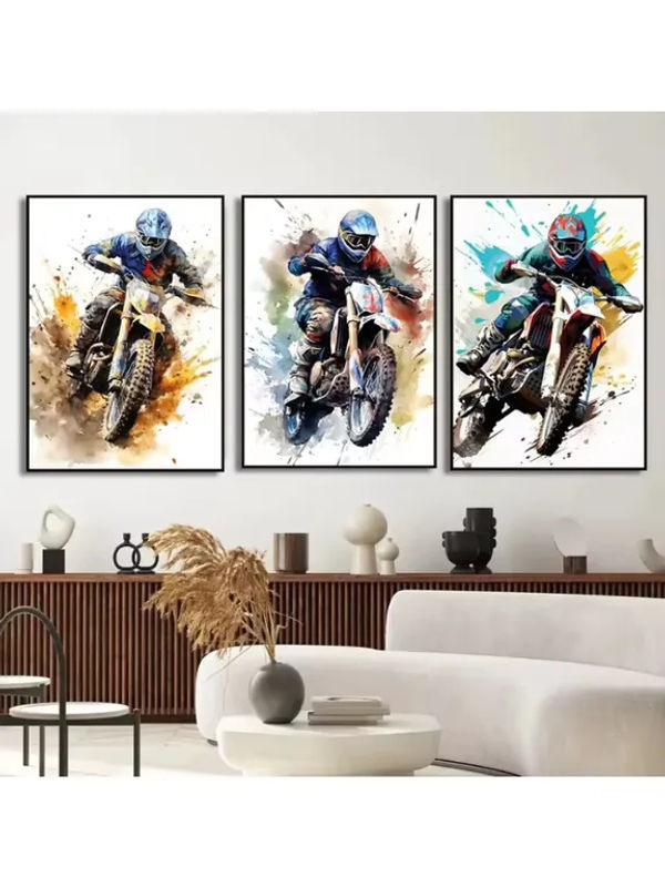 Aquarell Dirt Bike Motocross Leinwand-Gemälde von Potdemiel, mehrfarbiges Motorrad Wandbild im Hochformat zur Wandmontage - Bild 2