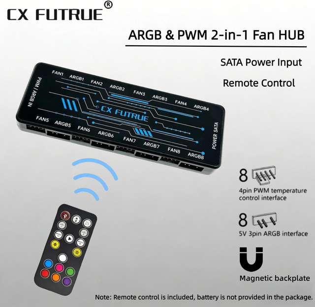 CX FUTRUE 8-Port PWM ARGB Lüftersteuerungshub mit Fernbedienung, 5V 3-Pin RGB, Magnetische Rückwand und SATA-Stromversorgung, Schwarz - Bild 1