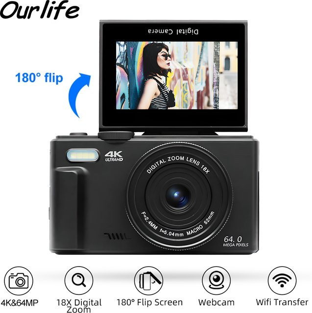Ourlife Kompakte digitale 4K Fotokamera mit 18X Digitalzoom, WiFi und 180 Grad Flip-Screen, Schwarz - Bild 1