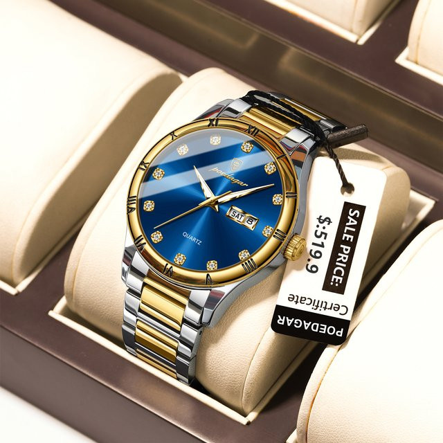 POEDAGAR Armbanduhr Quarz, Edelstahl, Silber, Herren, Datum, Wochentag - Bild 1