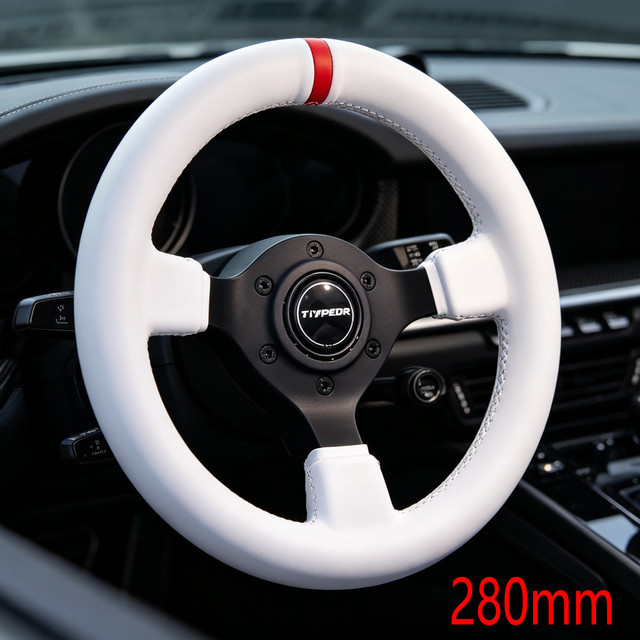 TIYPEOR Universelles Racing Lenkrad aus Leder mit gelbem Anschluss für Sportspiele, Weiß/Gelb, Durchmesser: 28 cm - Bild 1