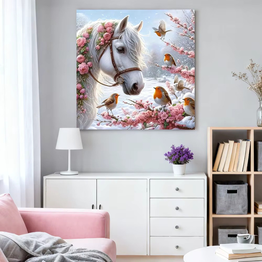 HUACAN Diamond Painting Set mit Pferd und Vögeln in Winter-Optik, DIY Diamant Mosaik Bild mit Blumen und Tieren, Mehrfarbig, B/H: 20 x 20 cm - Bild 2