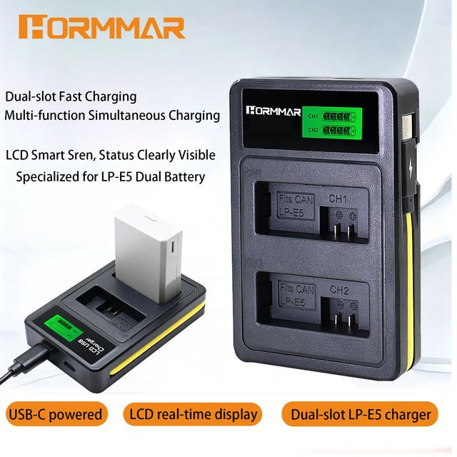WY Hormmar Dual-Slot LP-E5 Akkuladegerät mit LCD-Bildschirm und USB-C Schnellladung in Schwarz und Grau für Canon 450D 500D 1000D - Bild 1