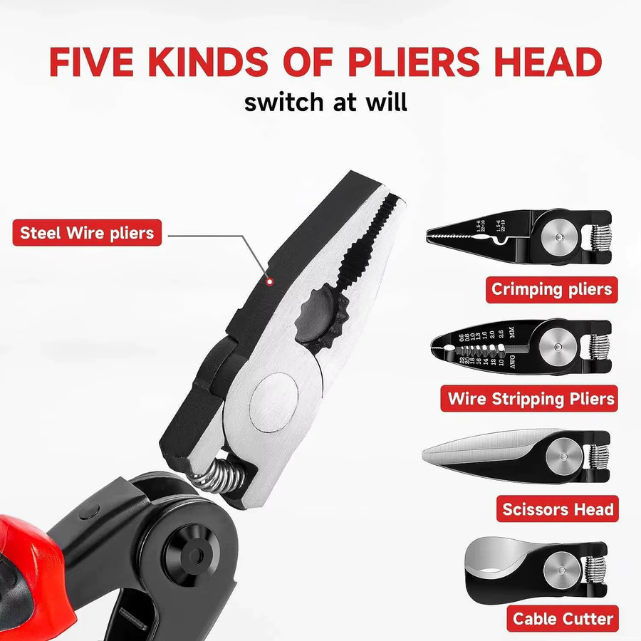 Realmote 5-in-1 Multitool Zangen-Set mit Schnellwechsel-Köpfen, Drahtschneider, Schere, Kabelschneider, Abisolierzange und Crimpzange - Bild 2