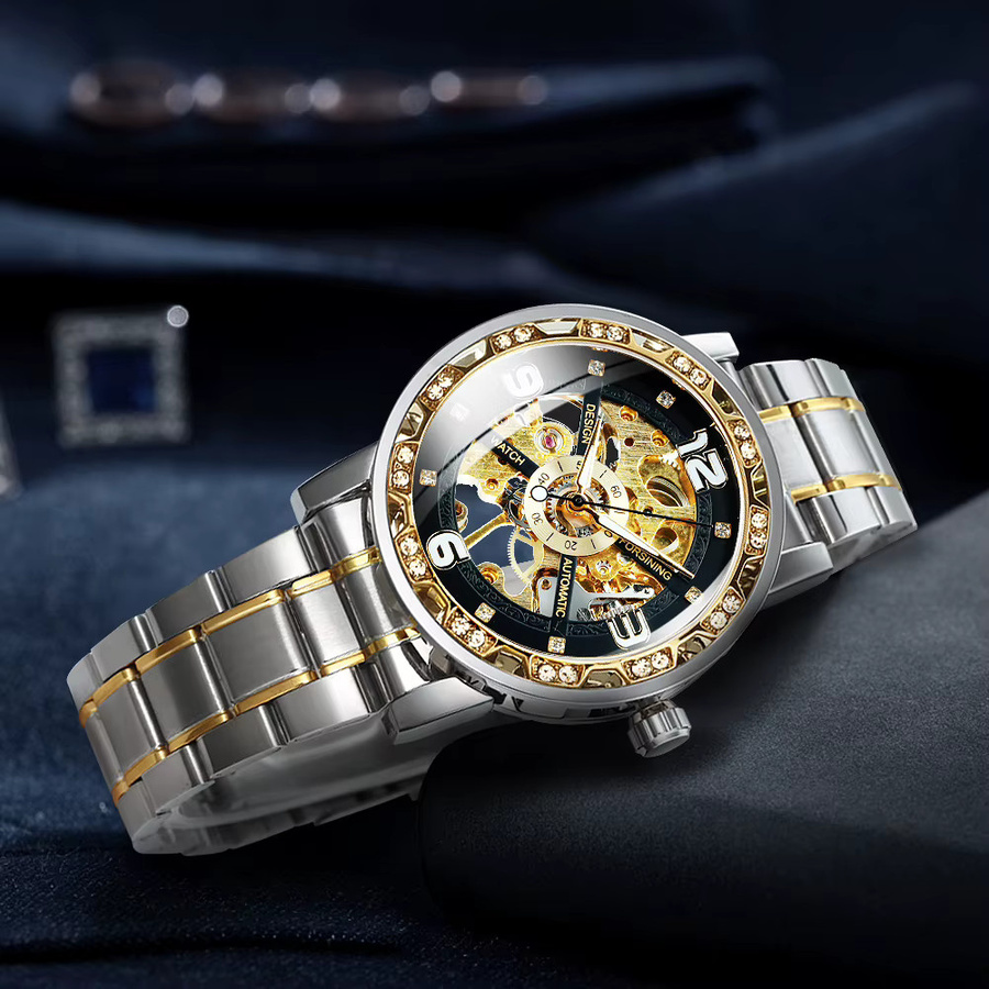 Forsining Armbanduhr, Skelett-Mechanikuhr, Edelstahl, Diamantbesetzt, Herren - Bild 4