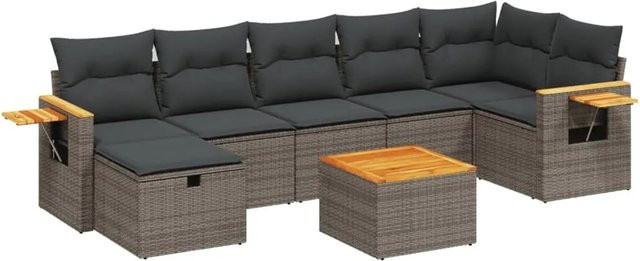 vidaXL 8-teilige Garten-Sofagarnitur in L-Form aus grauem Poly-Rattan mit Kissen und Ottoman für Terrasse und Garten - Bild 1
