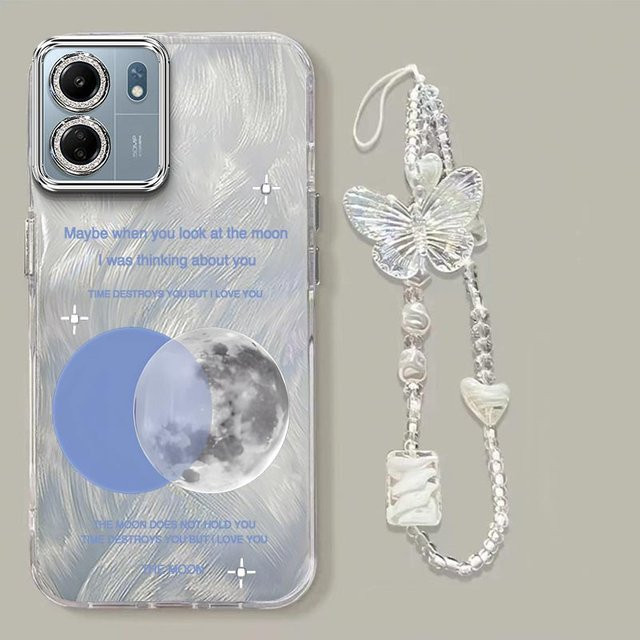 Xiaomi Handyhülle mit hellem Mond-Design und Lanyard für Poco C65 C55 X3 Pro M6 Pro M5S in Silber und Transparent - Bild 1