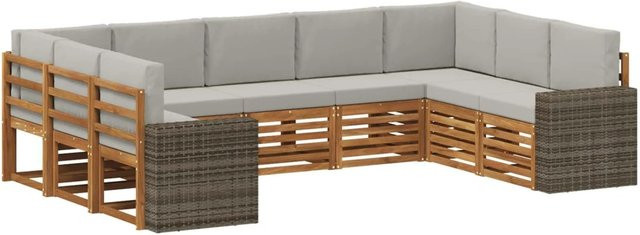 vidaXL Ecksofa Set in L-Form aus Akazienholz und Polyester in Natur und Hellgrau mit 9 Kissen und Armlehnen - Bild 1