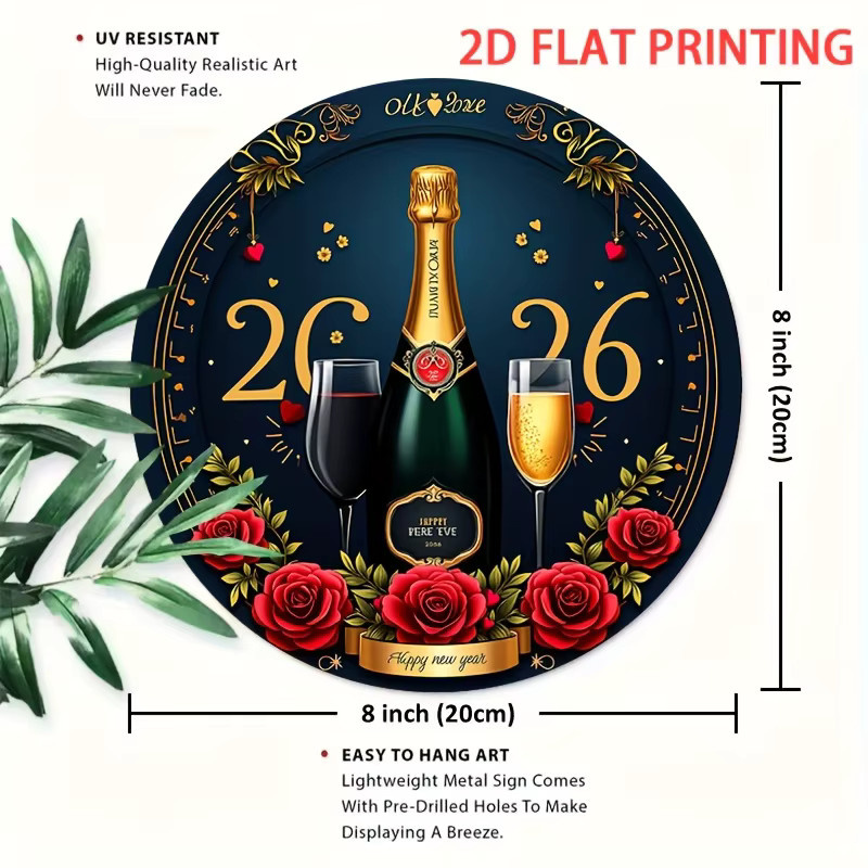 Dekoratives Silvester-Schild von Potdemiel mit Champagner-Toast-Design in Marineblau und Gold, rund, aus Metall - Bild 3