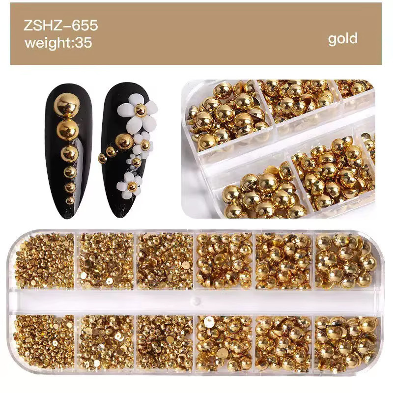MAGT Nagel Charms Gold Silber Metallic, Halb Runde Kaviar Perlen - Bild 2