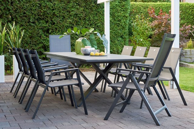 Hartman Garten-Essgruppe Xanadu Aruba in Xerix/Anthrazit aus Aluminium und Glaskeramik mit 8 Stapelsesseln und 2 Klappstühlen, Tisch B/T: 220 x 100 cm bzw. 280 x 100 cm - Bild 1