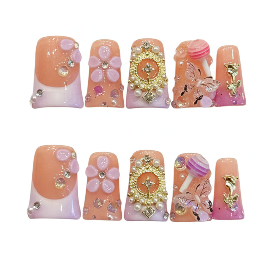 YADORNOS Press-on-Nägel, 10 Stück, rosa Blumen, Schmetterling, Glänzend, Damen - Bild 2