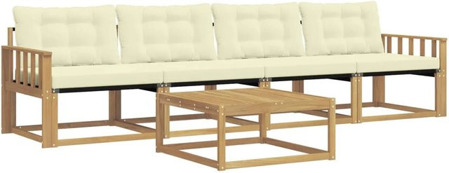 vidaXL Outdoor-Sofagarnitur aus Akazienholz mit Textilene-Polstern in Weiß und Beige, 5-teiliges Set bestehend aus 3-Sitzer-Sofa und Couchtisch, B/T/H: 79 x 79 x 37 cm - Bild 1