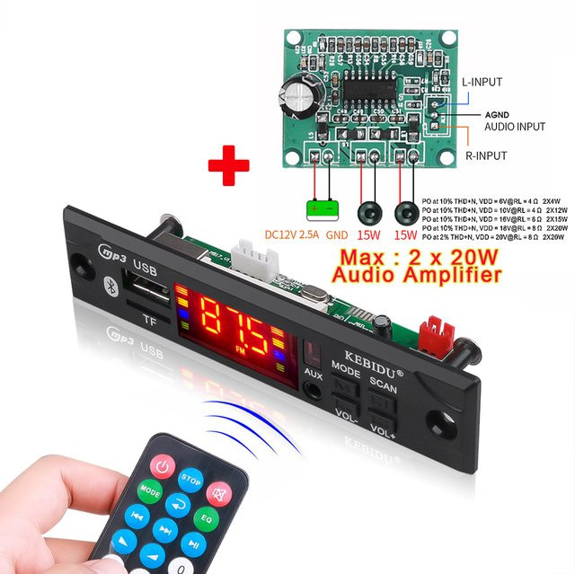 Kebidu Bluetooth 5.0 MP3 Player Modul DC 12V mit USB, TF, FM Radio und 3,5mm AUX in Schwarz - Bild 1