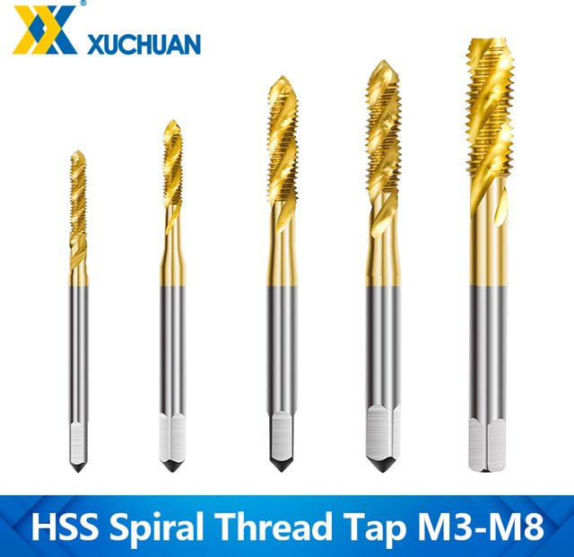 5-teiliges xcan HSS Spiral-Gewindebohrer-Set aus Stahl, metrische Maschinengewindebohrer M3 M4 M5 M6 M8, titanbeschichtet in Gold, rechtshändig - Bild 1