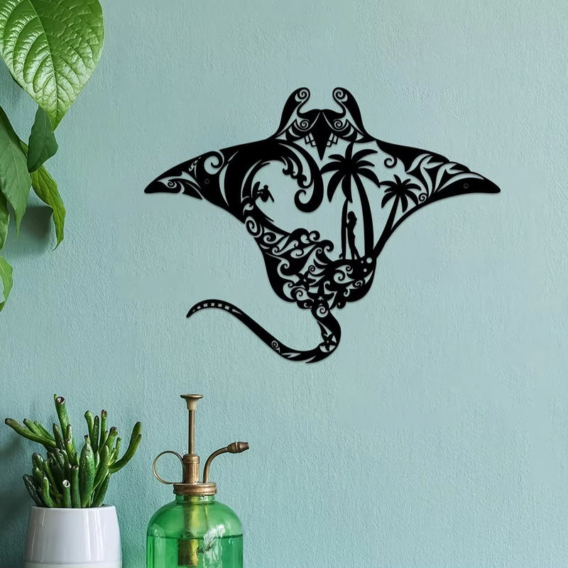CIFBUY Wandkunst aus Metall Manta Ray Stranddekor in Schwarz mit Surfbrett, Wellen, Seestern und Palmen Silhouette - Bild 4