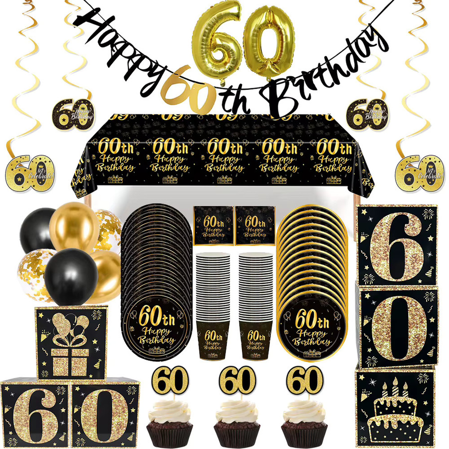 Schwarzgold Partydeko Set zum 60. Geburtstag mit Papptellern, Tassen, Servietten und Ballonboxen für Männer und Frauen - Bild 1