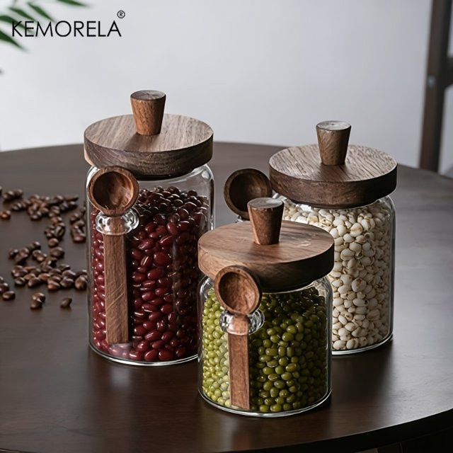 KEMORELA Glas-Vorratsdose für Getreide und Kaffeebohnen mit Löffel, transparent - Bild 1