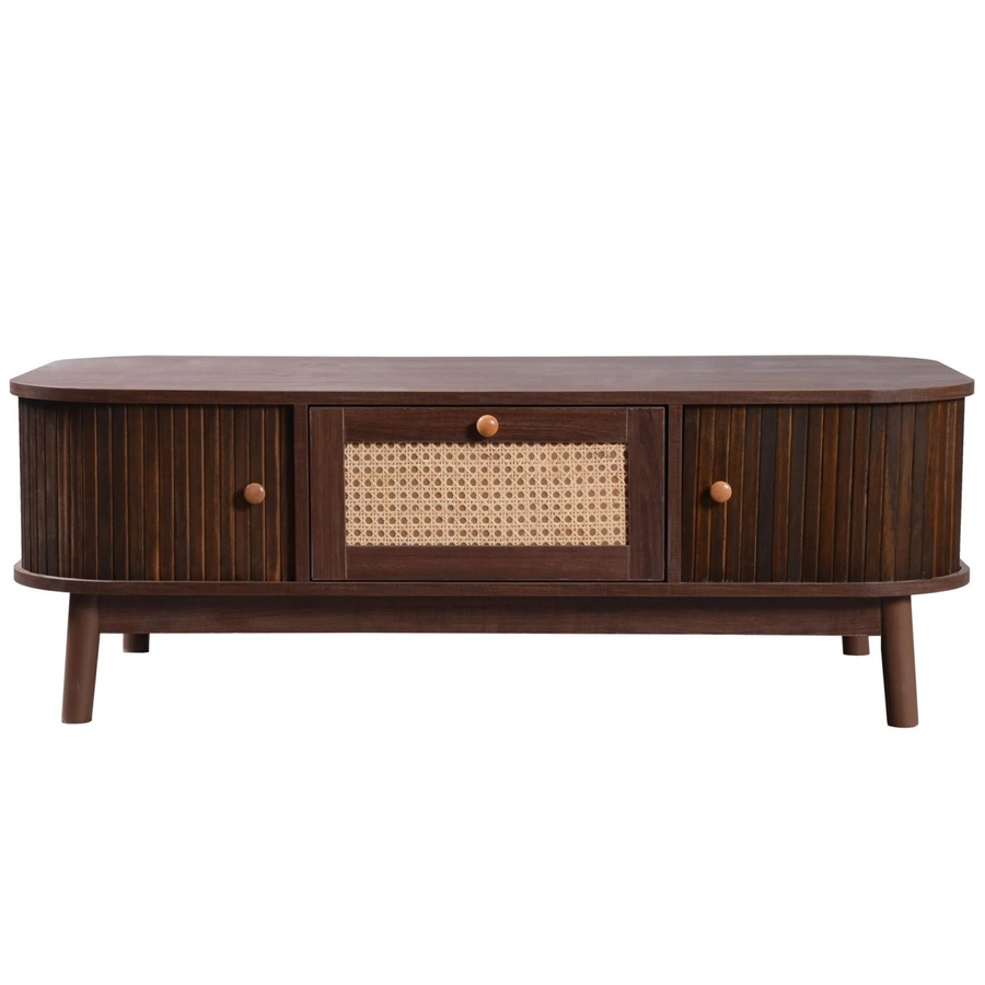 okwish Couchtisch aus Massivholz und Rattan in Braun mit Schubladen, rustikaler Kaffeetisch, B/T: 124 x 64 cm - Bild 2