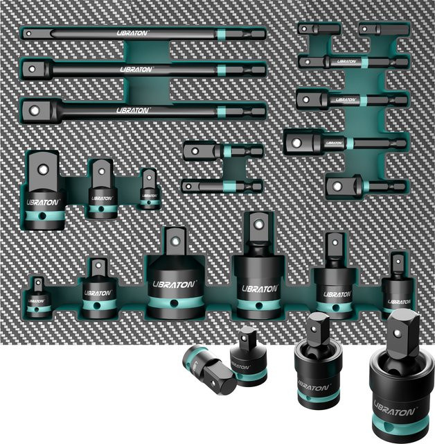 LIBRATON Schlagschrauber-Adapter und Reduzierstücke Set in Schwarz, 20 Stück mit 1/4 Zoll, 3/8 Zoll und 1/2 Zoll Universalgelenken und Steckschlüsseladapter-Verlängerungen - Bild 1
