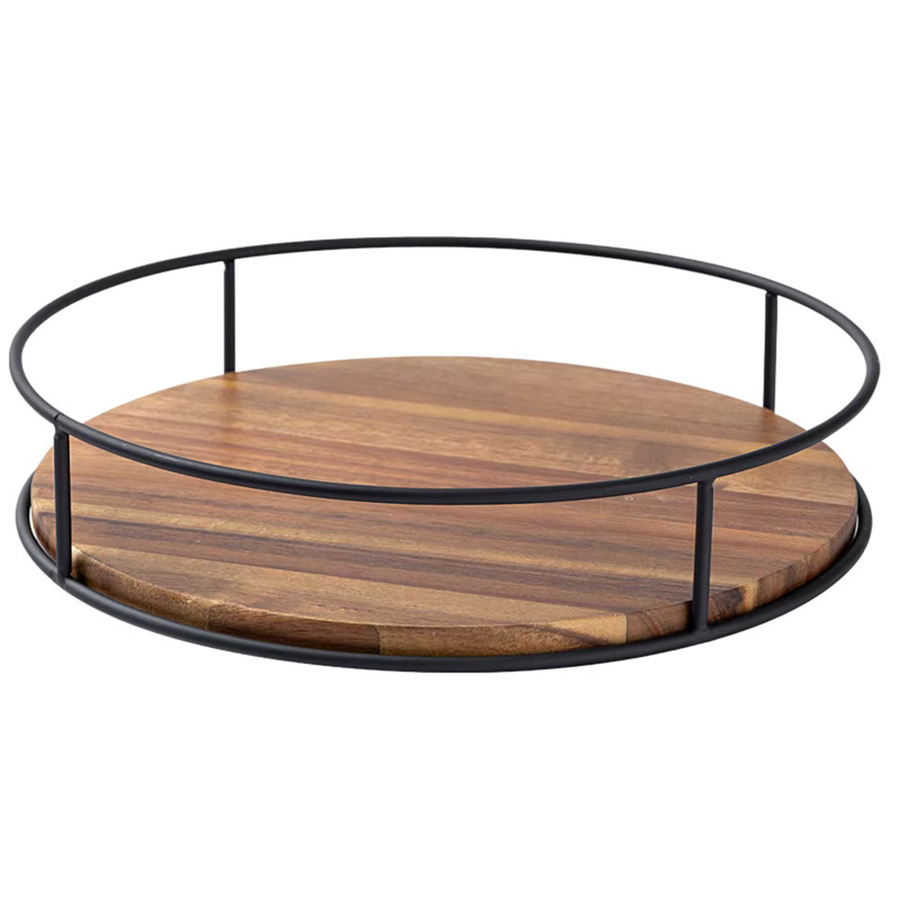 LMETJMA Lazy Susan Drehteller aus Akazienholz mit Metallrahmen in Braun, runder Organizer für die Küche und Serviertablett - Bild 7