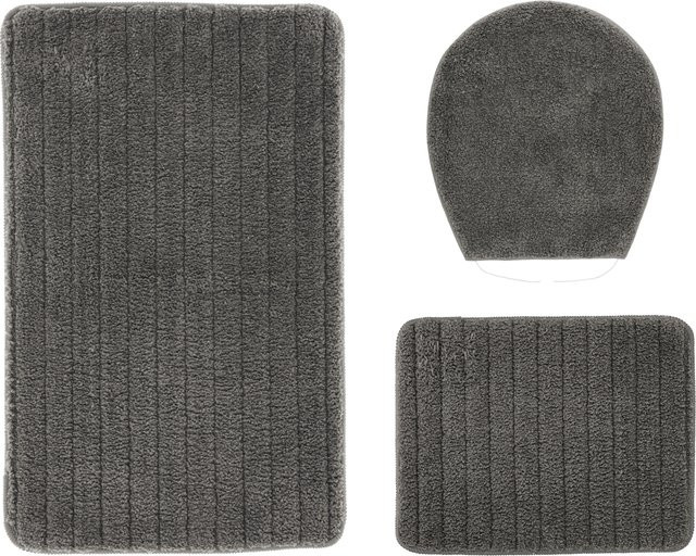 LIVARNO Badezimmergarnitur Kurzflor in Grau mit Badmatte, WC-Vorleger und WC-Deckel-Bezug, rutschfest und unterbodenheizungstauglich - Bild 1