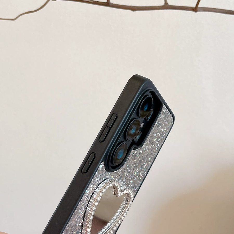 Glänzende herzförmige Make-up-Spiegel Handyhülle für Samsung in Blau mit Glitzer-Schutzhülle - Bild 4