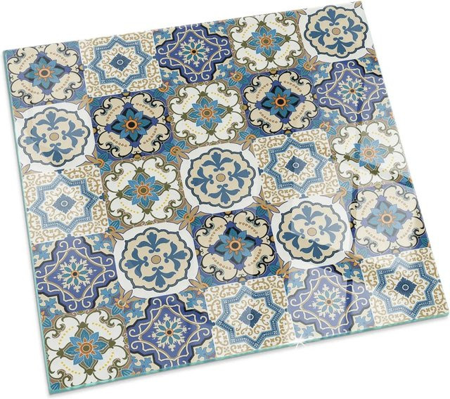 Tulup Glasplatte für Kamin mit blauem Blumen-Mosaikmuster, B/B: 60 x 60 cm - Bild 1