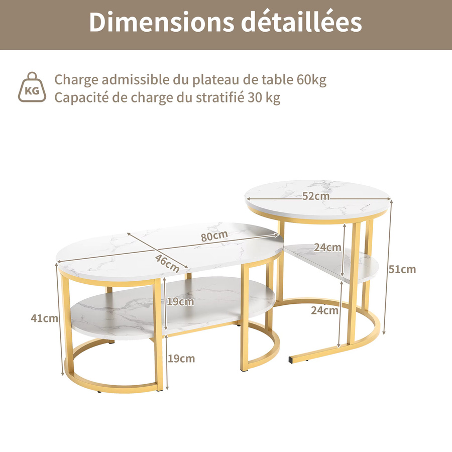 Comanlai 2er-Set Couchtische mit Marmorplatte und Metallrahmen in Schwarz, Ineinanderstellbare Beistelltische im modernen Design - Bild 2