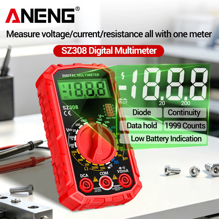ANENG SZ308 Digitales Multimeter in Schwarz und Rot für AC/DC-Spannung, Strom, Widerstand, HFE, Triode, Diode, Buzzer und Rechteckwellenmessung - Bild 3