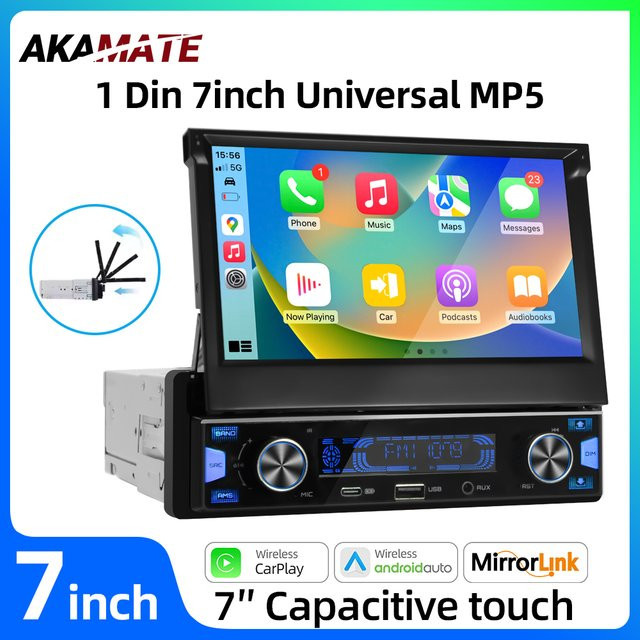AKAMATE Single Din MP5 Auto Radio mit 7 Zoll kapazitivem Touchscreen, kabelloses CarPlay, Android Auto und GPS Navigation in Schwarz - Bild 1
