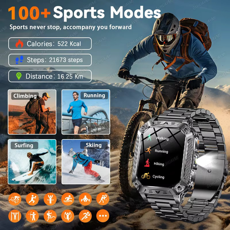 GUHUAVMI Militärische Outdoor Ultra-Sport-Smartwatch für Herren mit Bluetooth-Anruf, 5ATM wasserdicht und Rotlicht-Taschenlampe, Blau - Bild 6