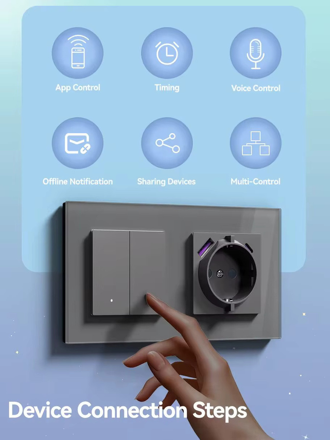 BSEED WLAN-Smart-Lichtschalter 1-fach mit gelber Hintergrundbeleuchtung, grauer Kunststoffrahmen, Tuya App Steuerung, EU-Standard - Bild 6