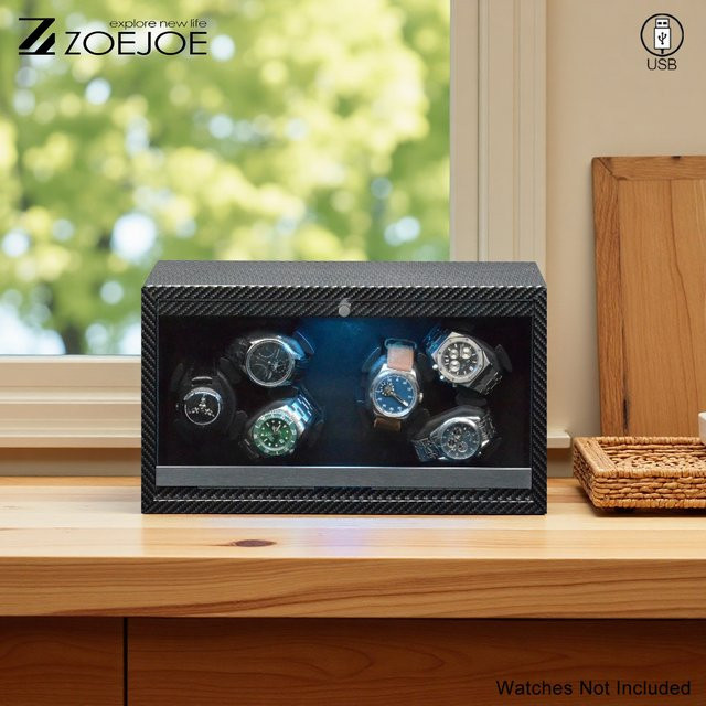 ZOEJOE Uhrenbeweger, 6 Fächer, Carbonfaser-Finish, LED-Beleuchtung, Schwarz - Bild 1