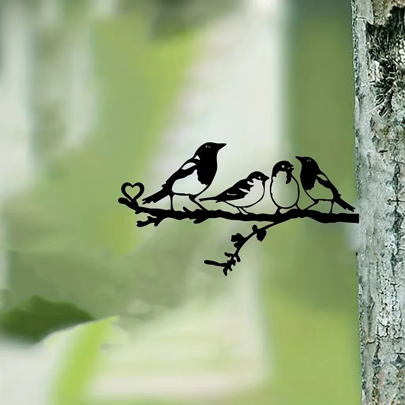 HelloYoung Metallwandkunst Vier Vögel auf Ast in Schwarz als Außenstatue für Garten und Terrasse - Bild 4
