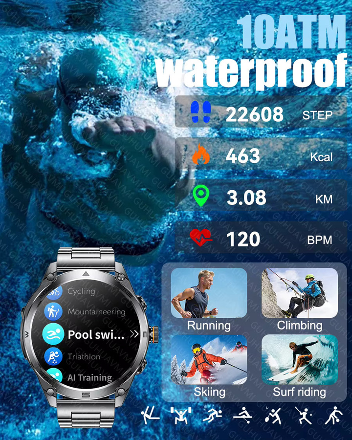 GUHUAVMI Smartwatch, GPS, 10 ATM, Edelstahl, Schwarz, Herren - Bild 4