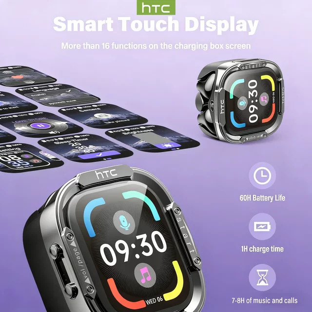 HTC NE70 Bluetooth In-Ear Kopfhörer mit Smart-Touch-Display, KI-Übersetzer und Geräuschunterdrückung in Schwarz - Bild 1
