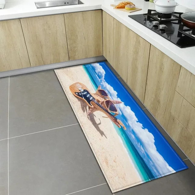 Waschbarer und rutschfester Strandläufer in Blau mit maritimen Muschel, Seestern und Eiscreme Motiven für Küche und Flur, Breite: 120 cm - Bild 1