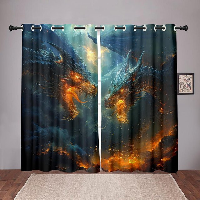 2er-Set Zwillingsdrachen Vorhänge mit 3D-Digitaldruck in Gold und Multicolour für Kinderzimmer und Wohnzimmer, B: 50 cm, H: 130 cm - Bild 1