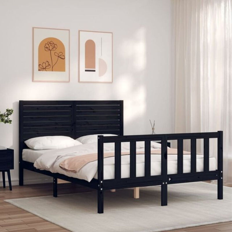 Massivholzbett aus Kiefer mit Kopfteil von vidaxl in Schwarz, Landhaus und Modern Stil, B: 140,5 cm, H: 135 cm, L: 190 cm - Bild 1