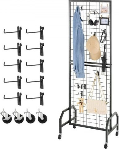 VEVOR Gitterwandpaneel aus Kohlenstoffstahl mit Rollen und 10 Haken, rollbarer Präsentationsständer in Schwarz, B: 60 cm, H: 164 cm - Bild 1