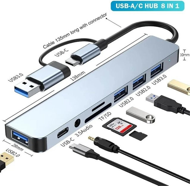 8 in 1 USB-C Hub Expander Multiport Adapter für Huawei mit 8 Ports zur schnellen Datenübertragung und zum Aufladen - Bild 1