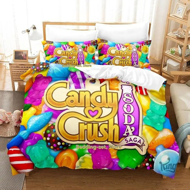 Kawaii Candy Crush Soda Saga Bettwäsche-Set mit Motiv aus Mikrofaser, 2-teiliges Bettset für Erwachsene und Kinder, Mehrfarbig, Breite: 70 cm, Länge: 133 cm - Bild 1
